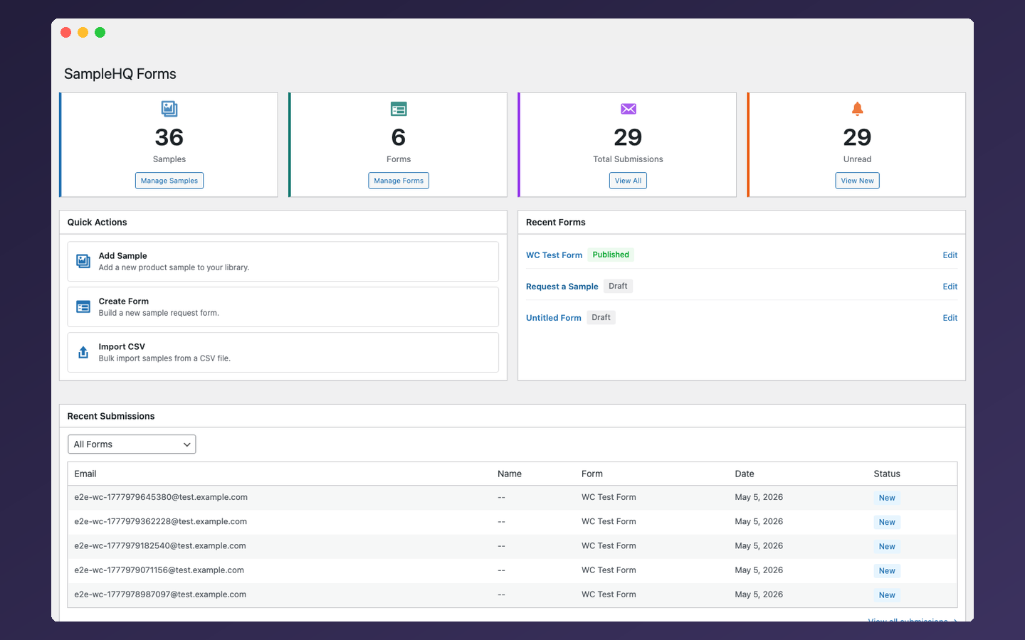 Submissions dashboard with search, filters, starring, and CSV export.