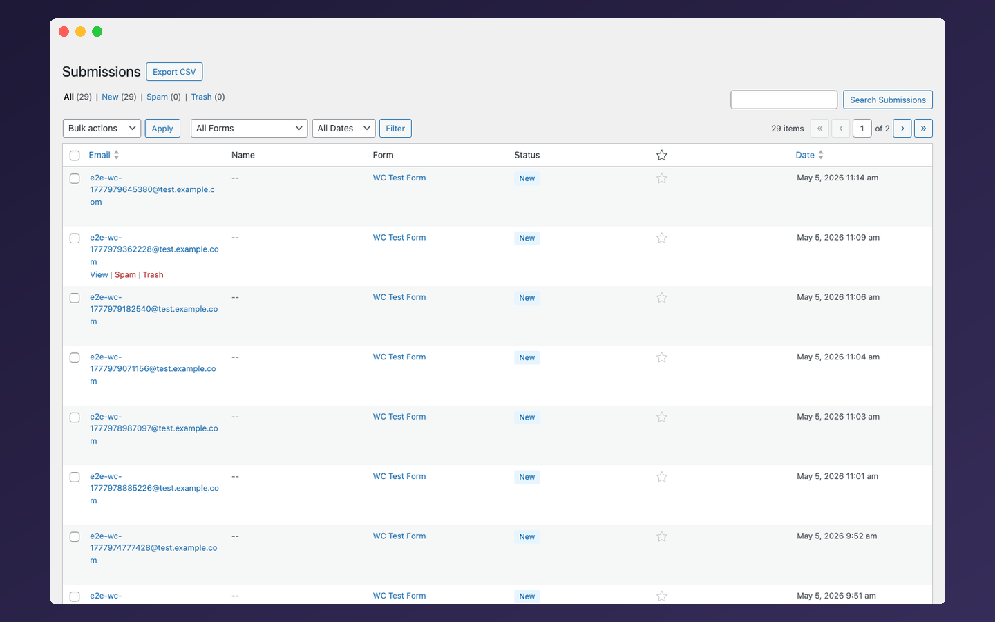 Settings page for spam protection, email notifications, and WooCommerce integration.
