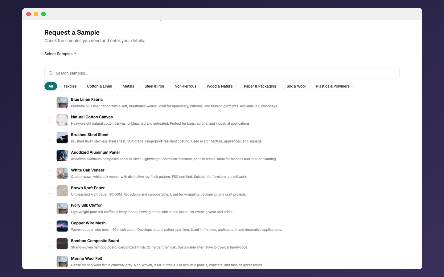 Frontend sample picker with product cards, images, and category filtering.