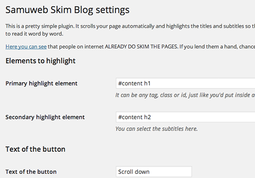 The settings screen of the Samuweb Skim Blog plugin