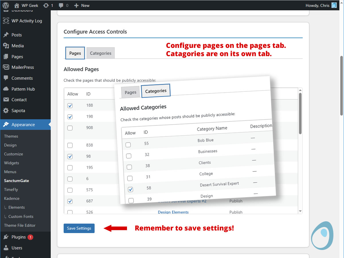 **Select Public Content** - Easy checkbox interface for pages and categories