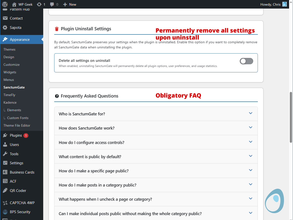 **Uninstall Preferences and FAQ** - Settings for permanent removal, and FAQ