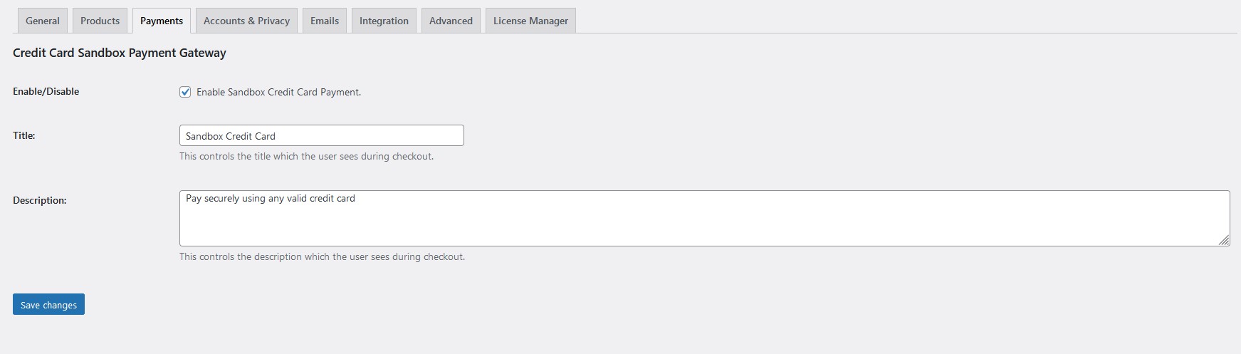 Screenshot of the settings page for sandbox credit card