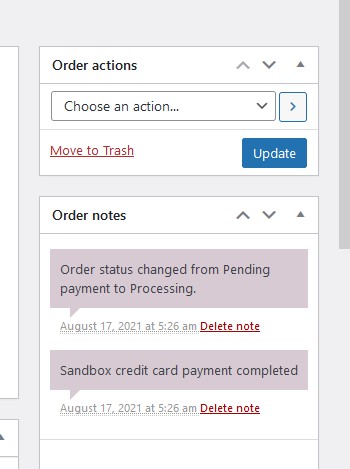 Screenshot of admin order page showing status of the transaction and order notes