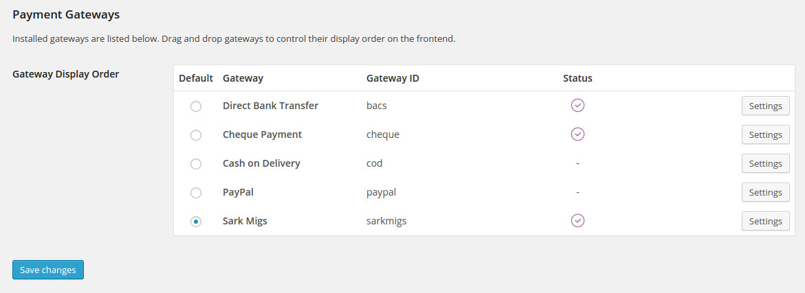WooCommerce Checkout section's payment gateway setting page