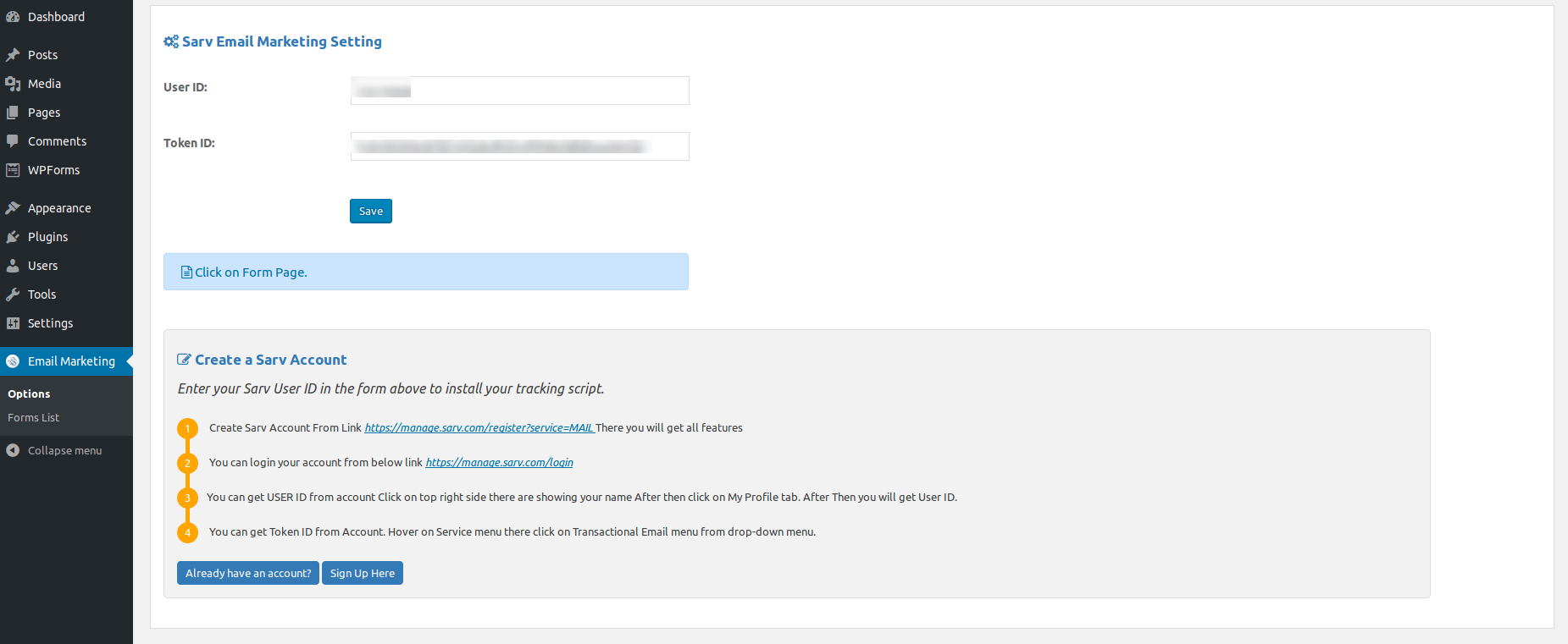 Admin Page - Sarv Account Information
