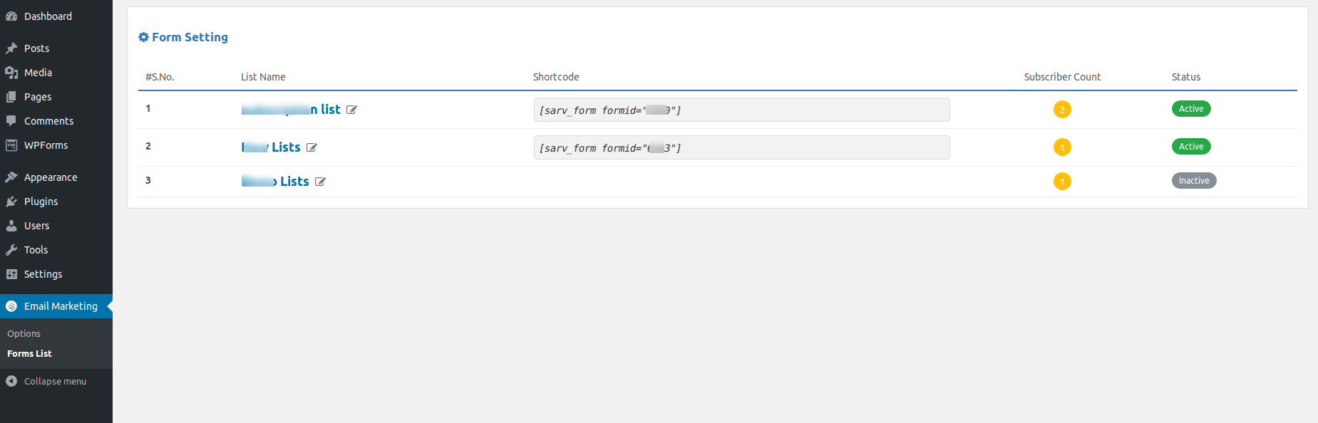 Admin page - Form Lists