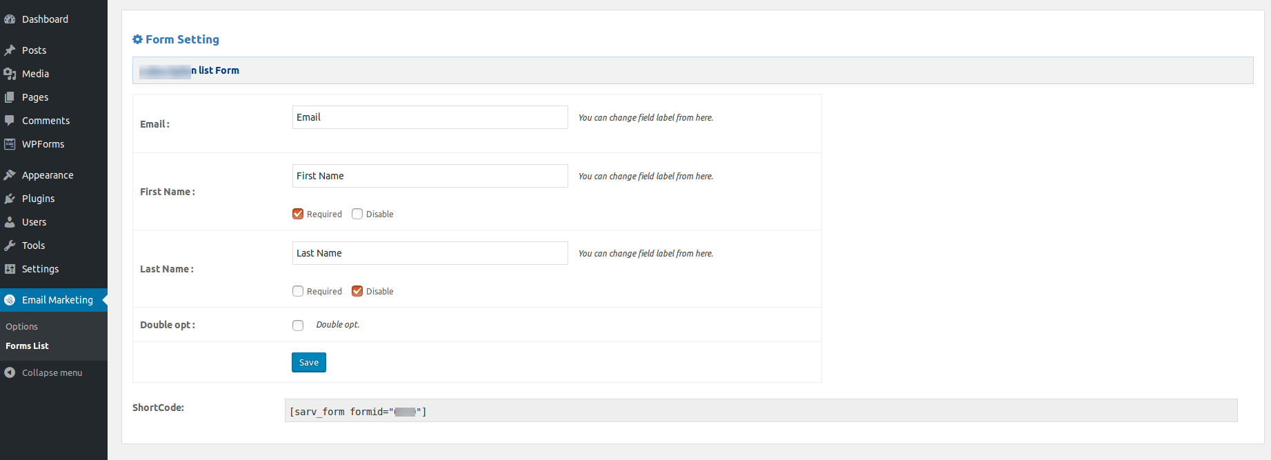 Admin page - Form Settings