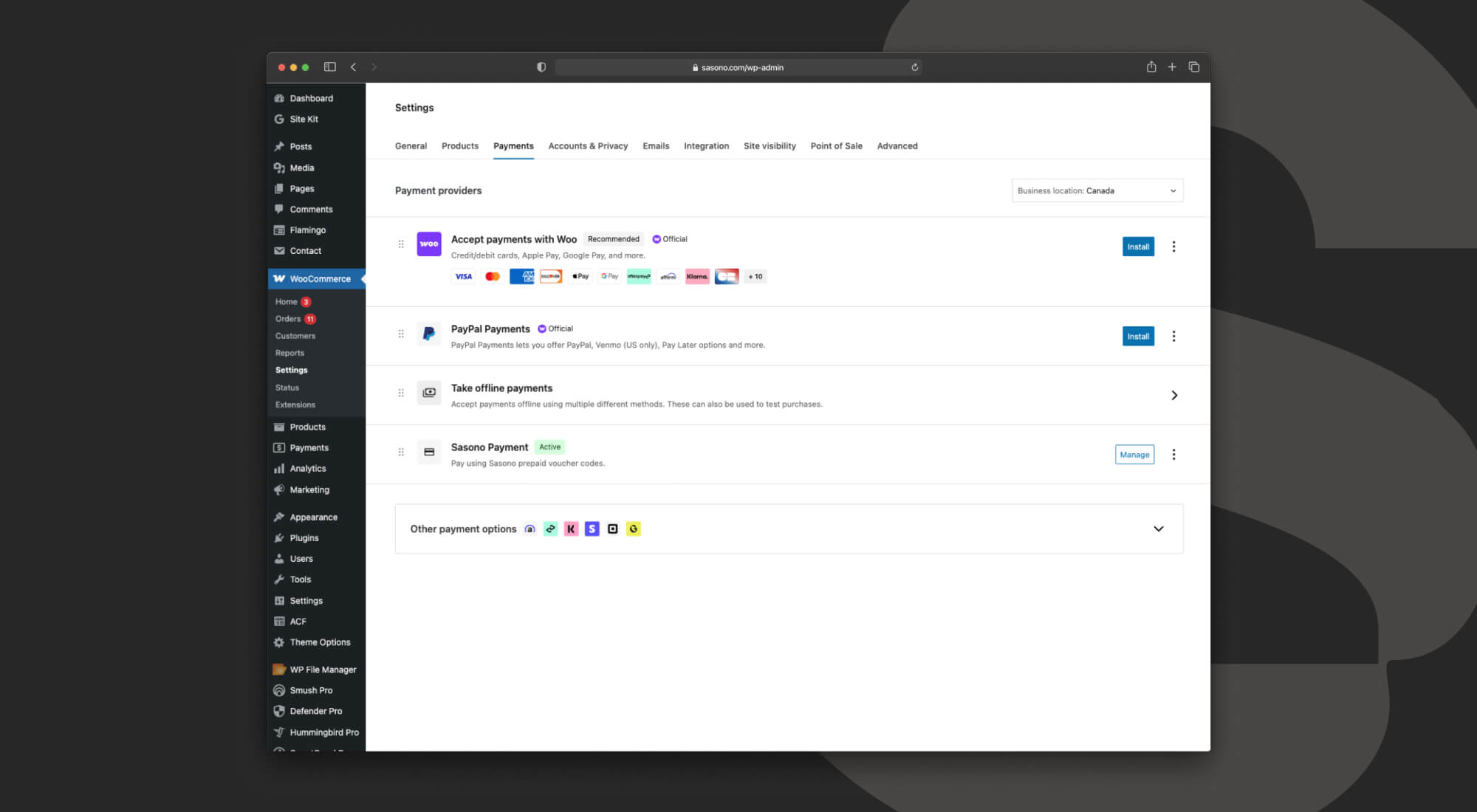 Sasono payment settings in WooCommerce admin.