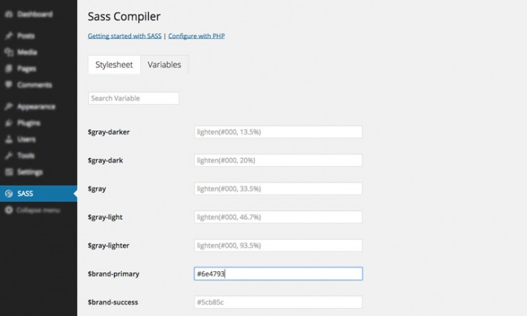 The 'Variables' page after configuration