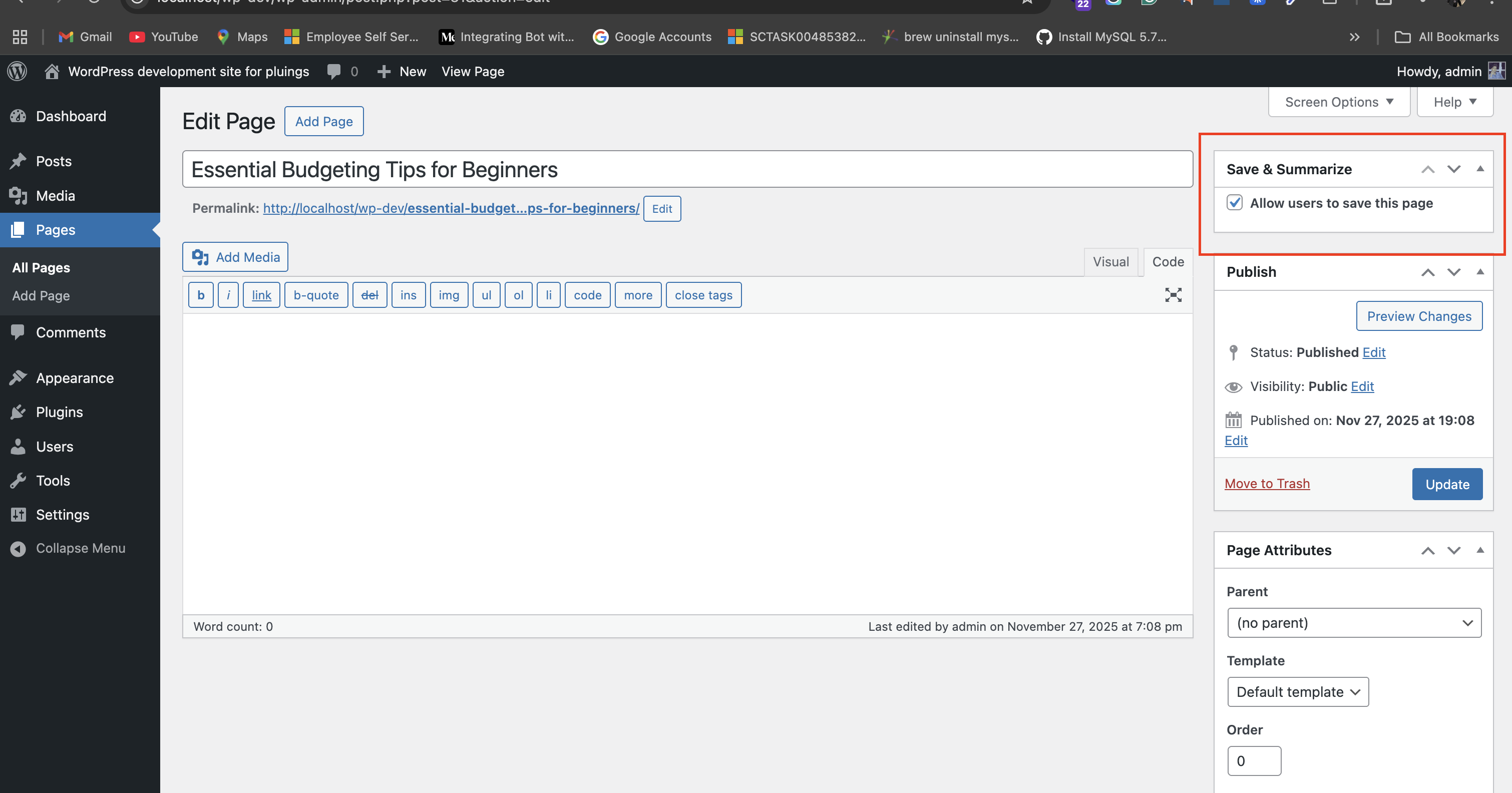 Checkbox option on Page edit screen