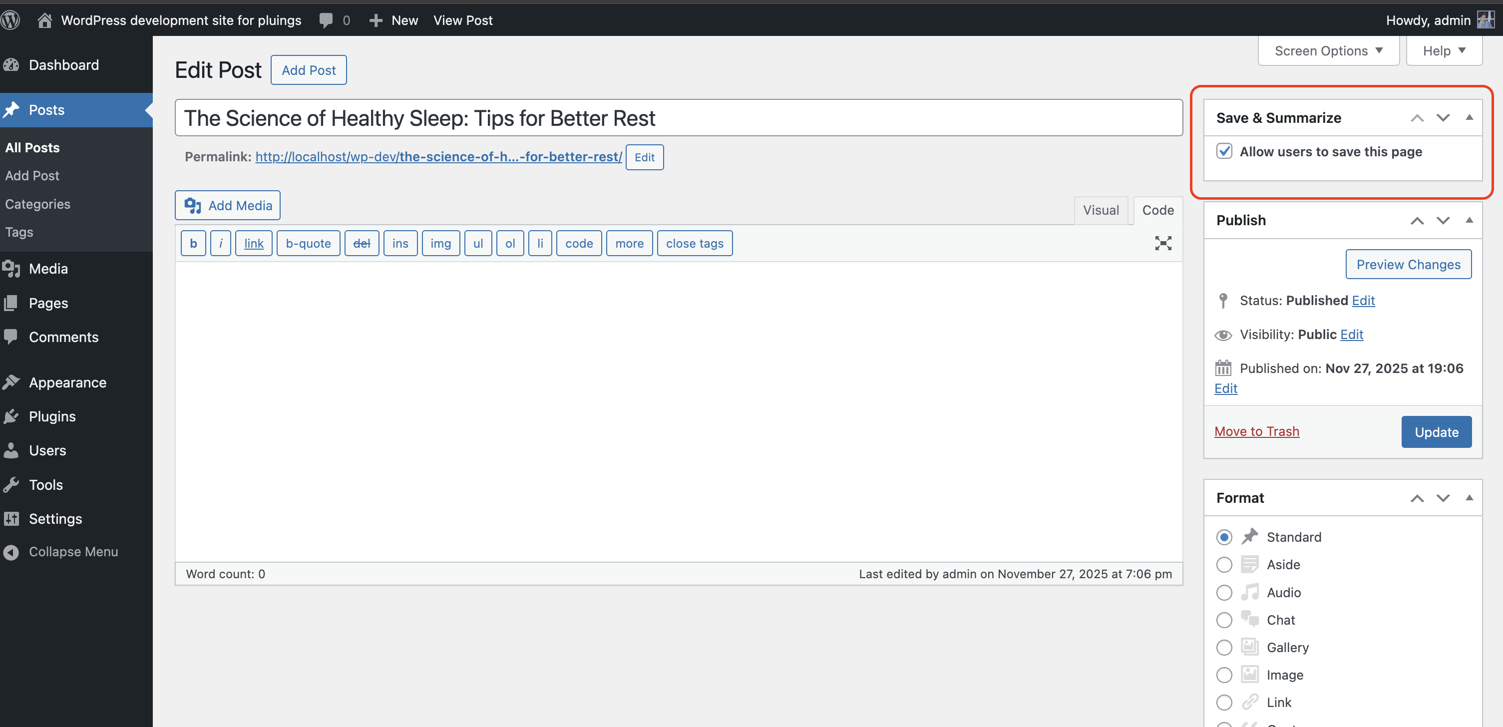 Checkbox option on Post edit screen
