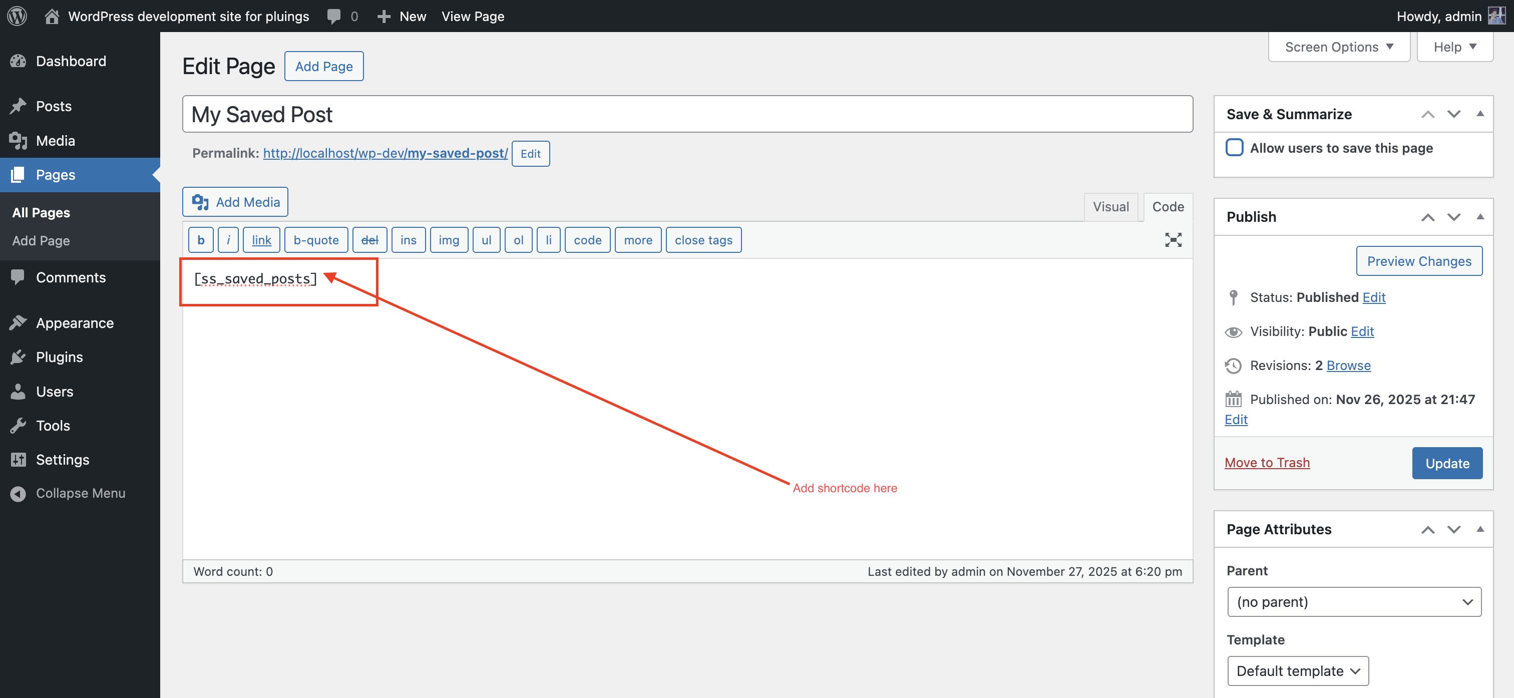 Create “My Saved Articles” page (shortcode example)