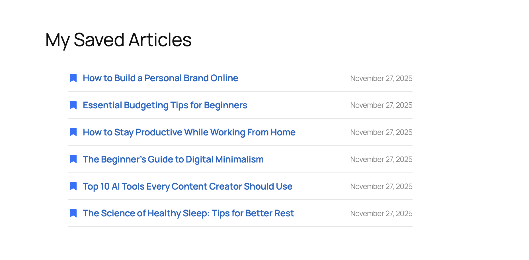 My Saved Articles page (saved items list)