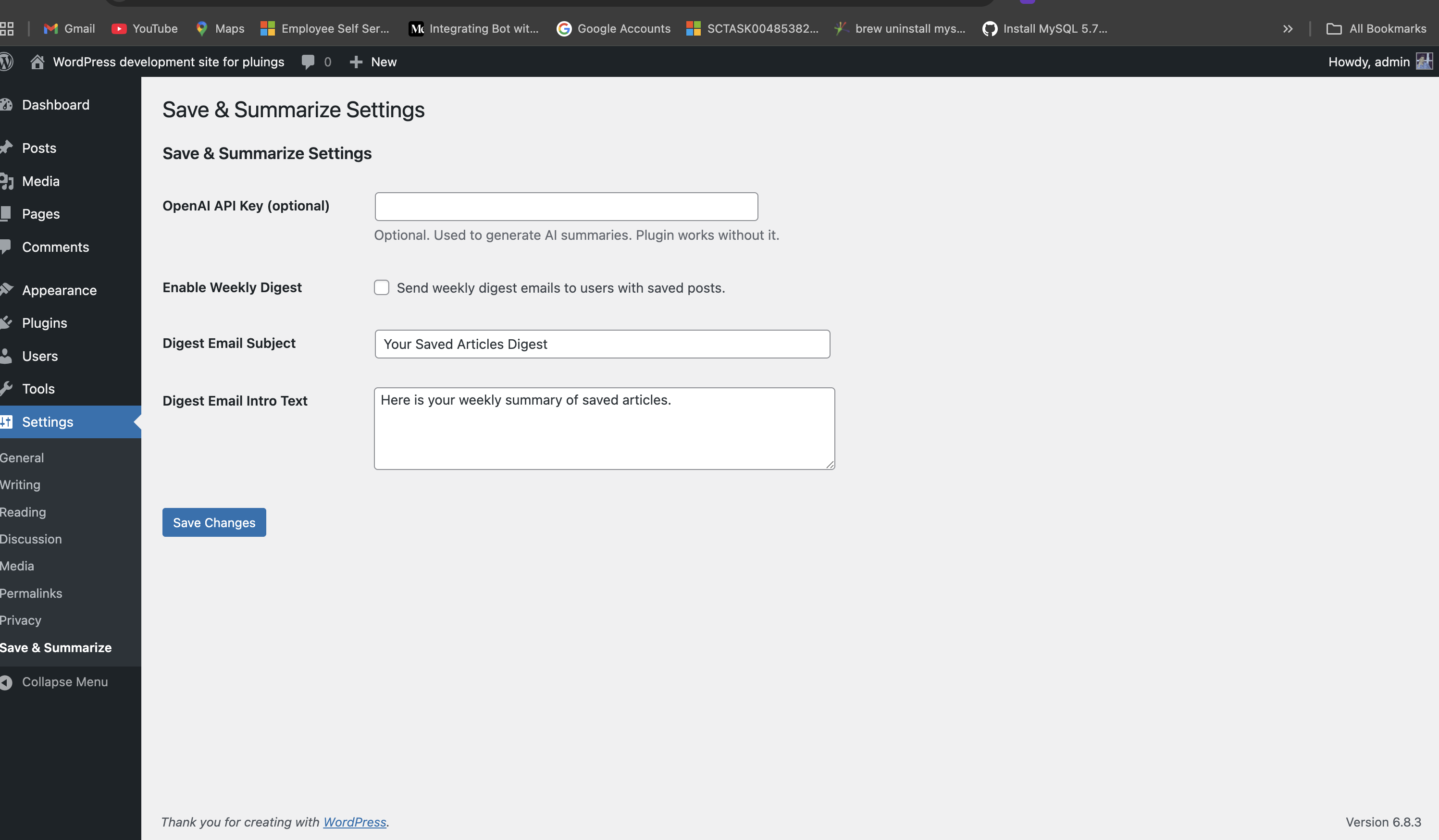 Admin settings with AI options