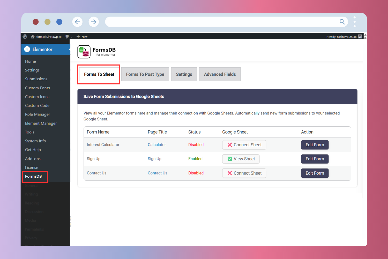 FormsDB Dashboard – Forms to Google Sheets