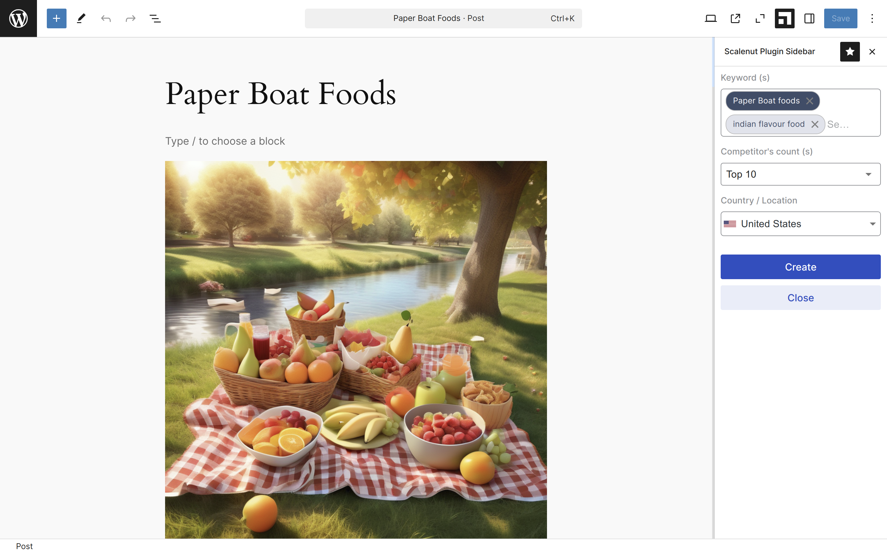 Generating a new SEO report within the WordPress editor.