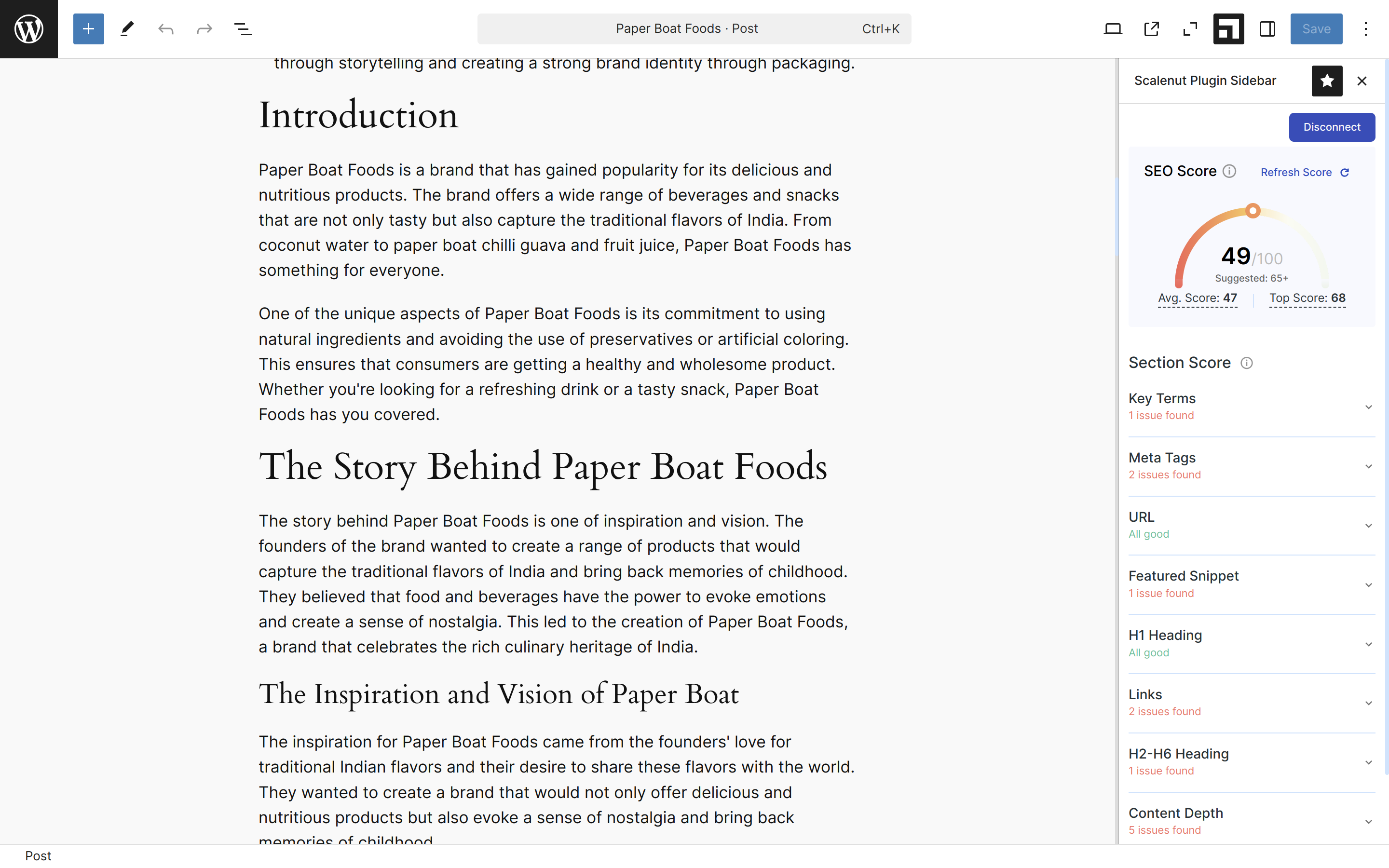 Detailed SEO analysis view showing keyword usage, headings, and more.