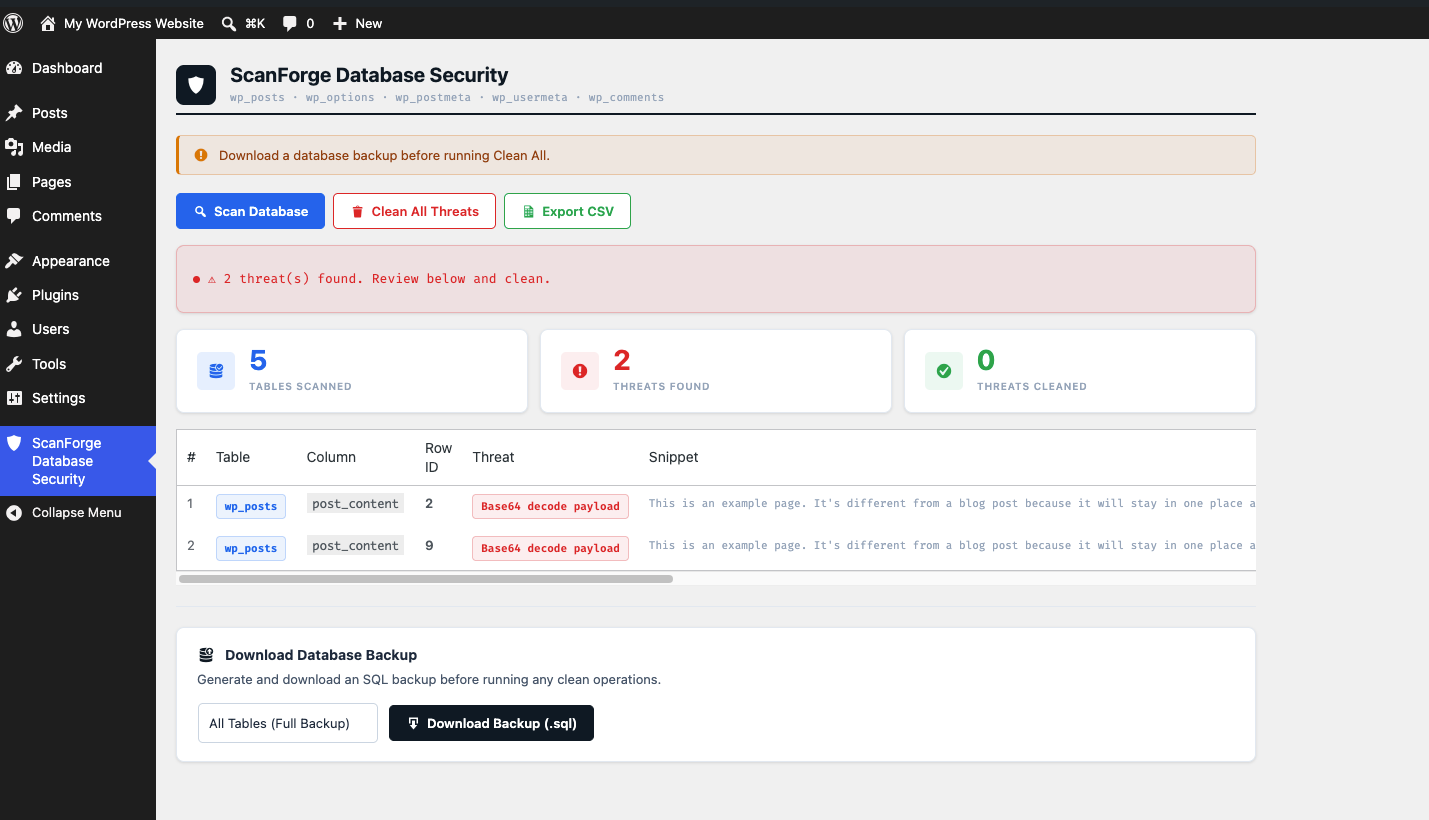 Download Database Backup with Scan Report