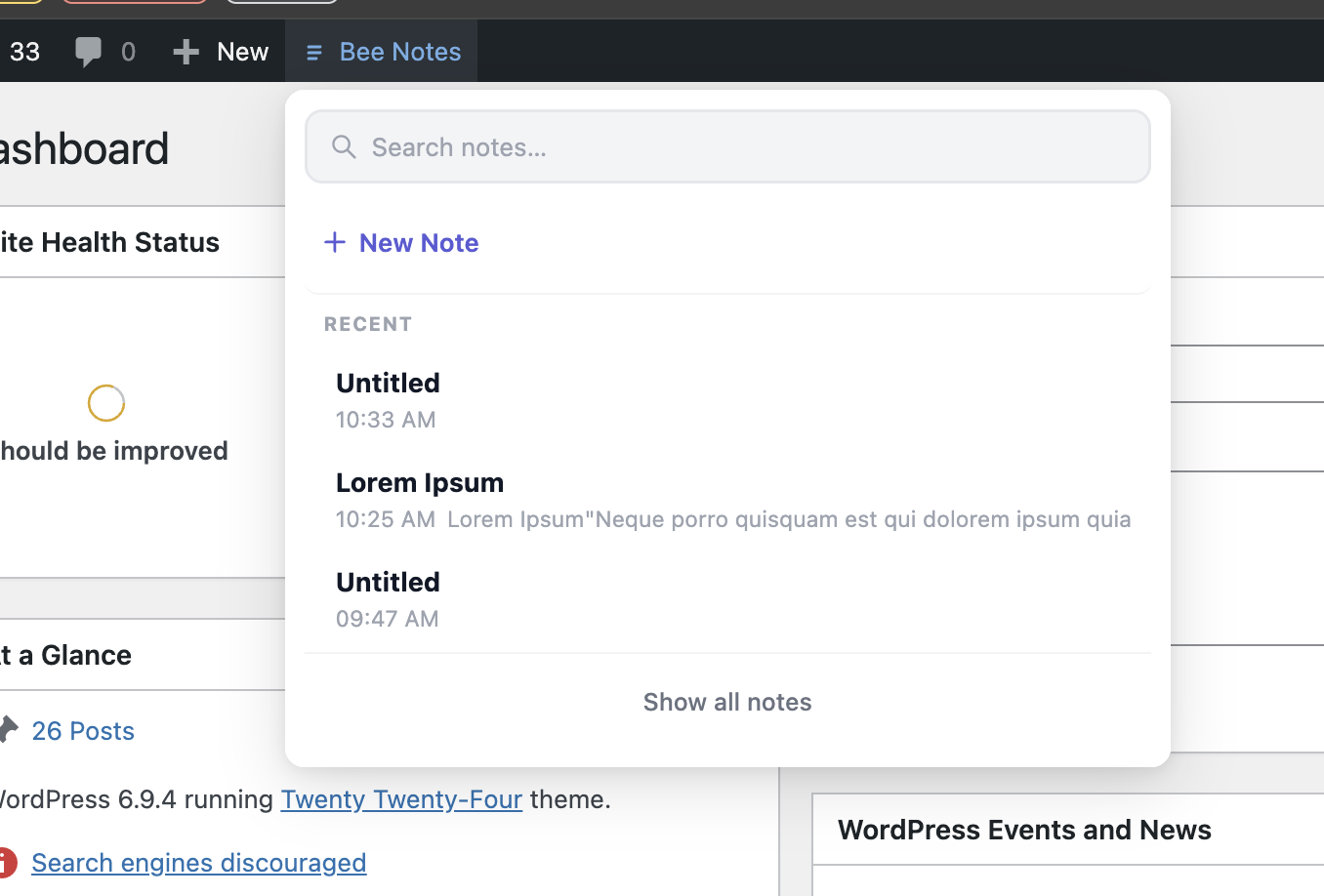 Search notes from the WordPress admin bar.