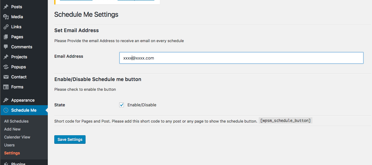 Plugin's settings to activate and email address input.