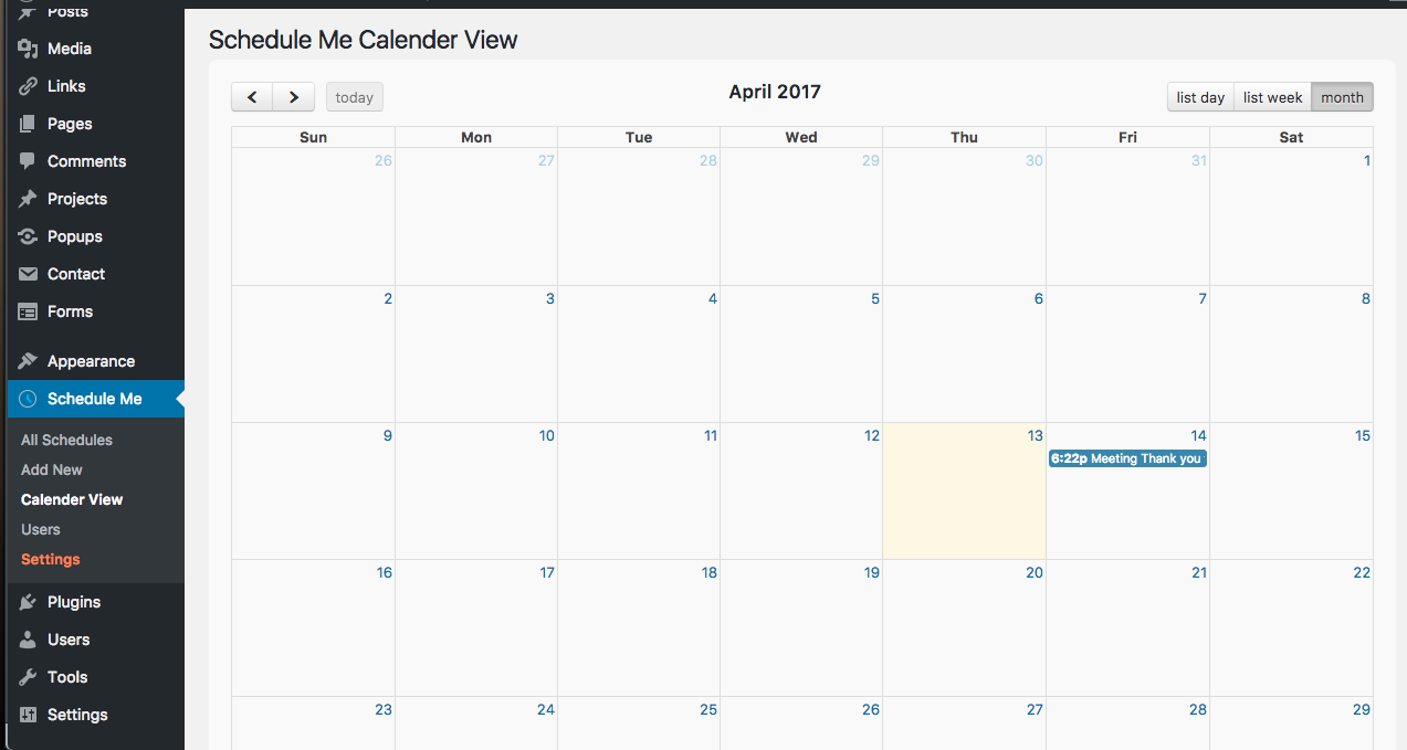 Calendar view of the meeting schedules.