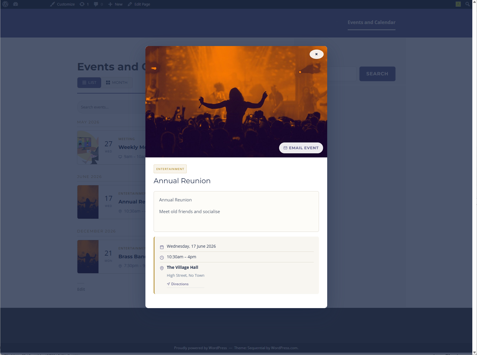 Event detail modal with venue, directions, and online meeting link