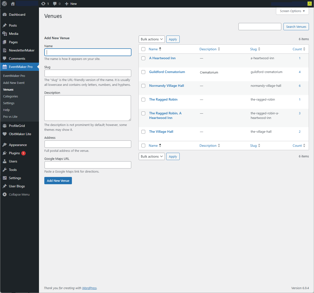 Venue library in the admin