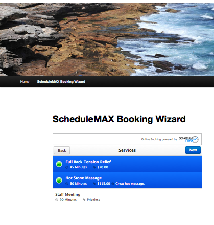 **Embedded Wizard widget** - Illustration of Online Scheduling Booking Wizard widget inside site.  Use shortcode "[schedulemax_wizard]" in a page or post to get booking wizard like this.