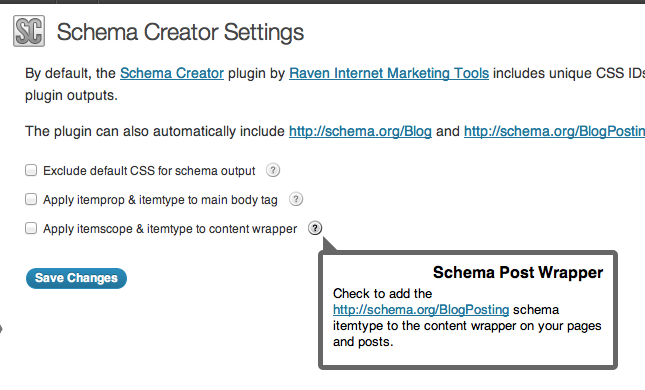 The Settings page allows you to turn on and off CSS, and to also include or exclude certain microdata attributes.
