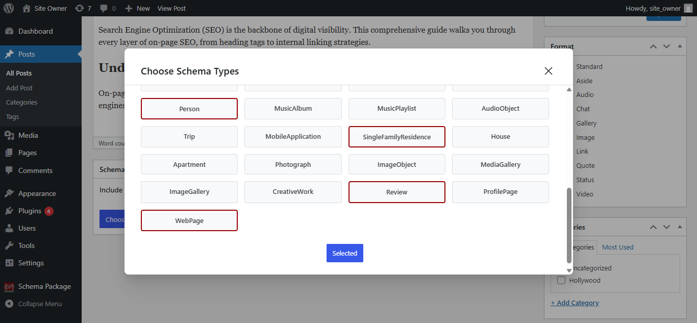 Miscellaneous schema setup dashboard