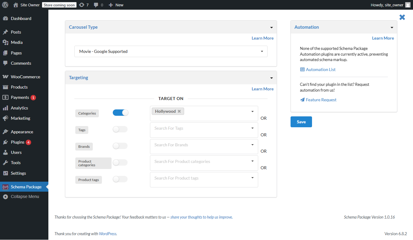 List of added schema types via Schema Package Generator in Gutenberg Editor