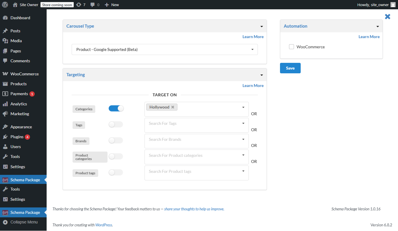 Schema Package Generator popup on categories page