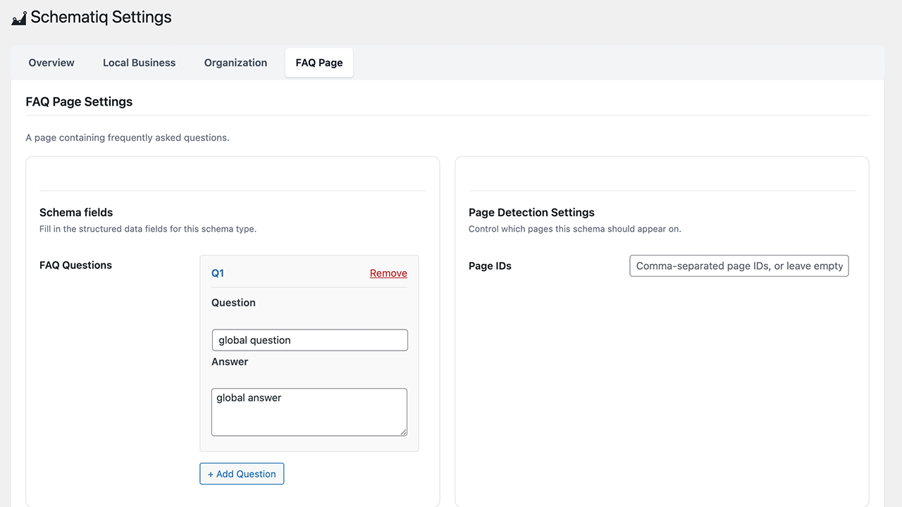 Manage FAQ schema content and control where it appears using flexible page detection settings
