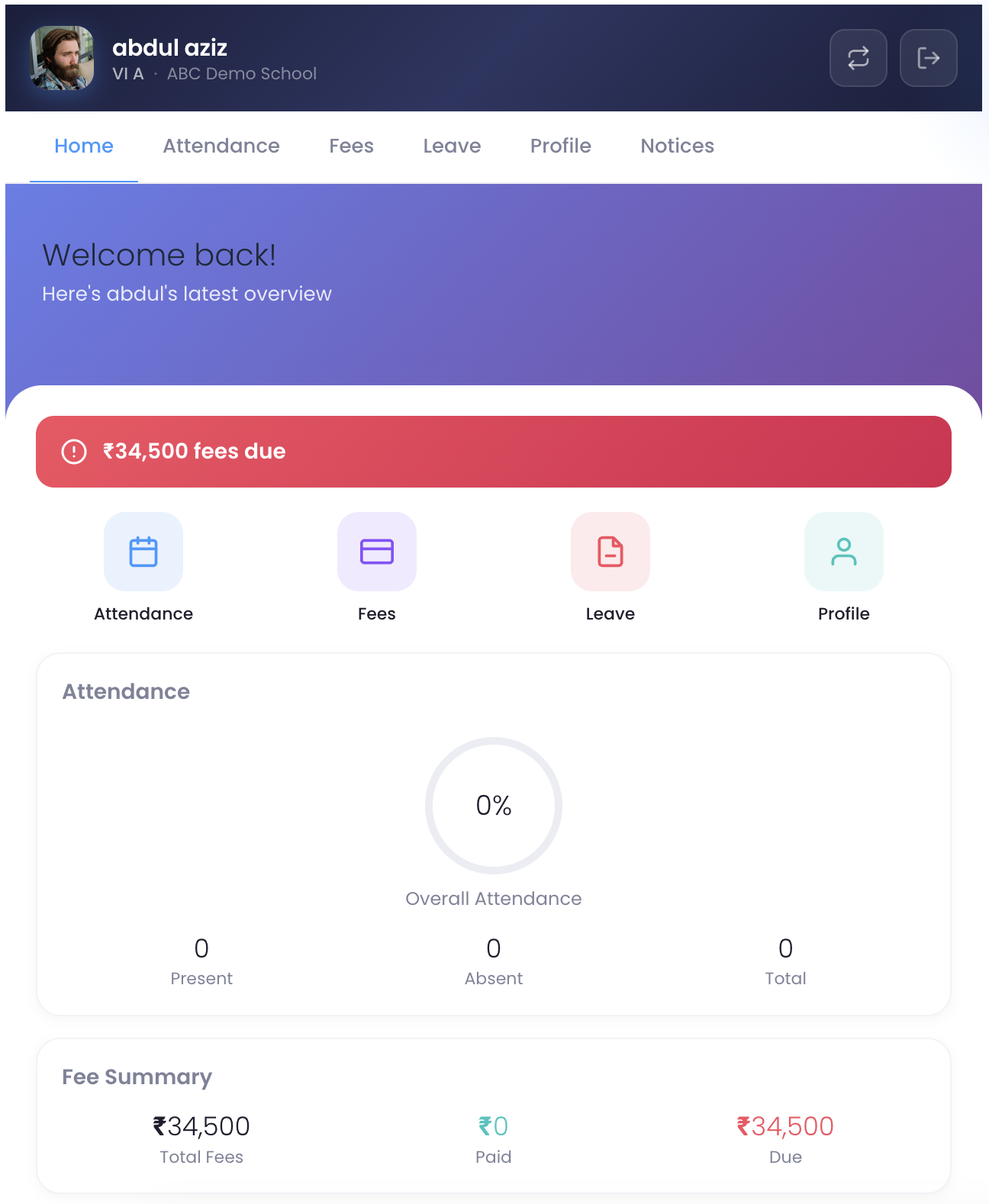 Parent Portal — Dashboard with fees and attendance at a glance.