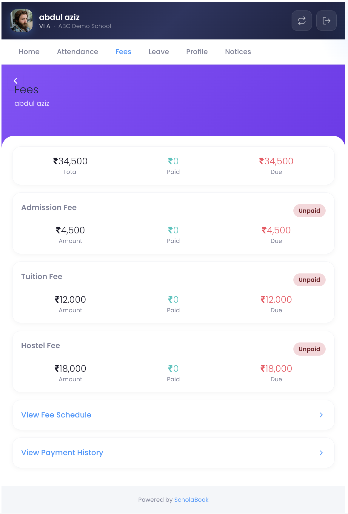 Parent Portal — Fee summary and schedule.
