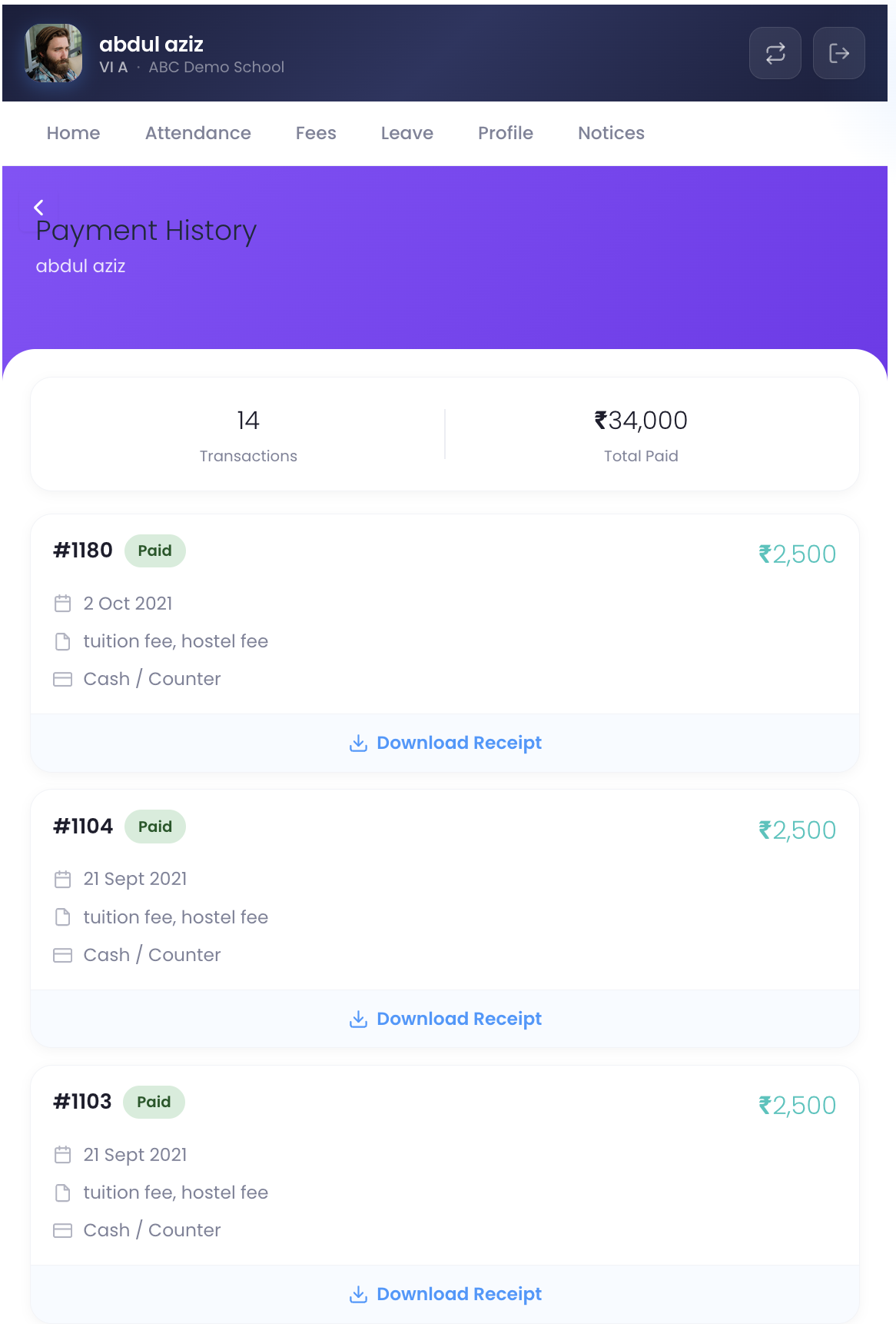 Parent Portal — Payment history with download option.