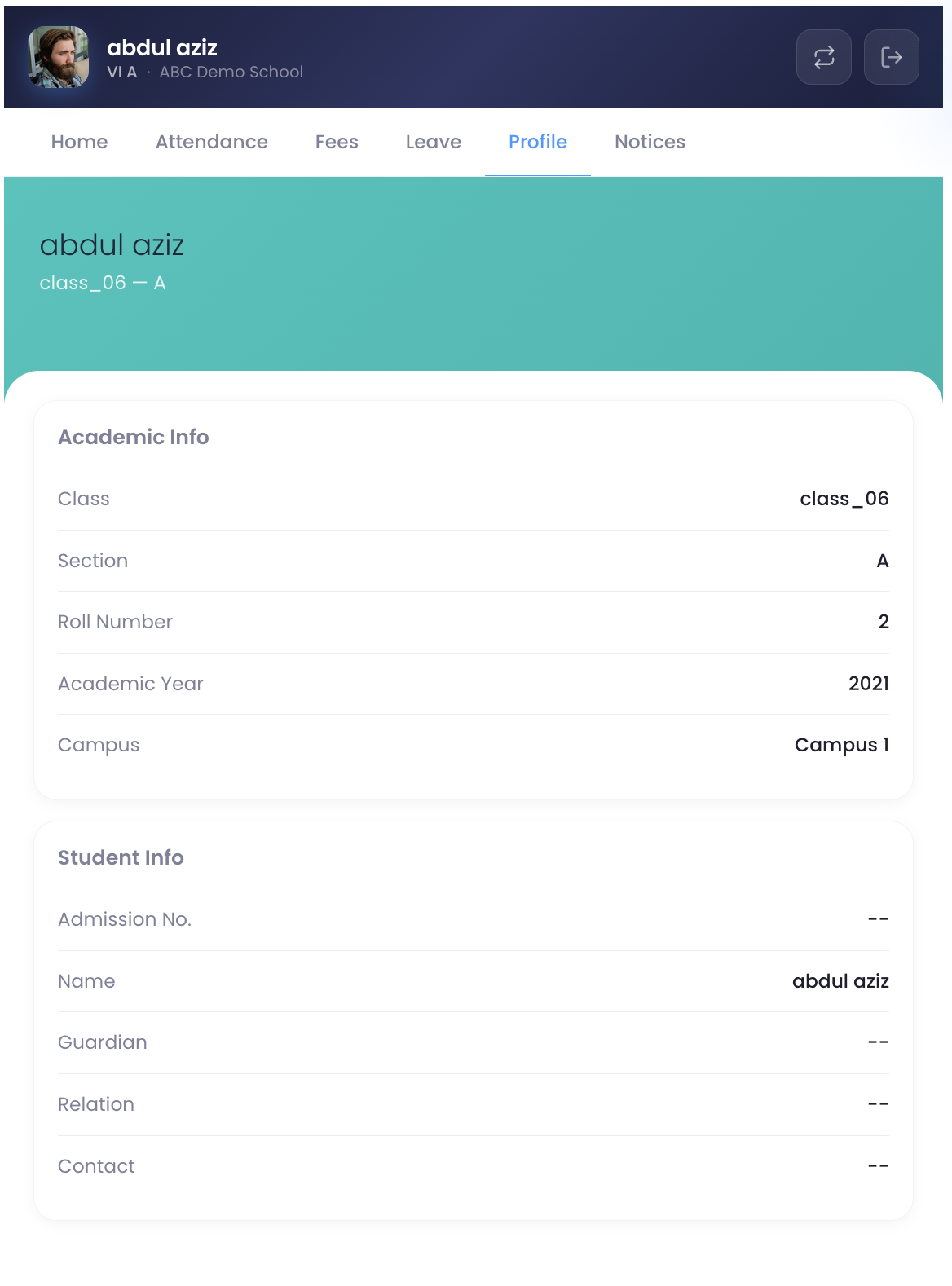 Parent Portal — Student profile and academic details.