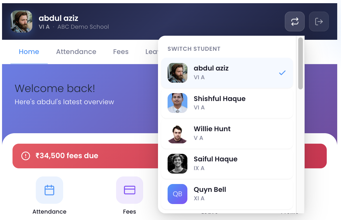 Parent Portal — Switch between multiple students.