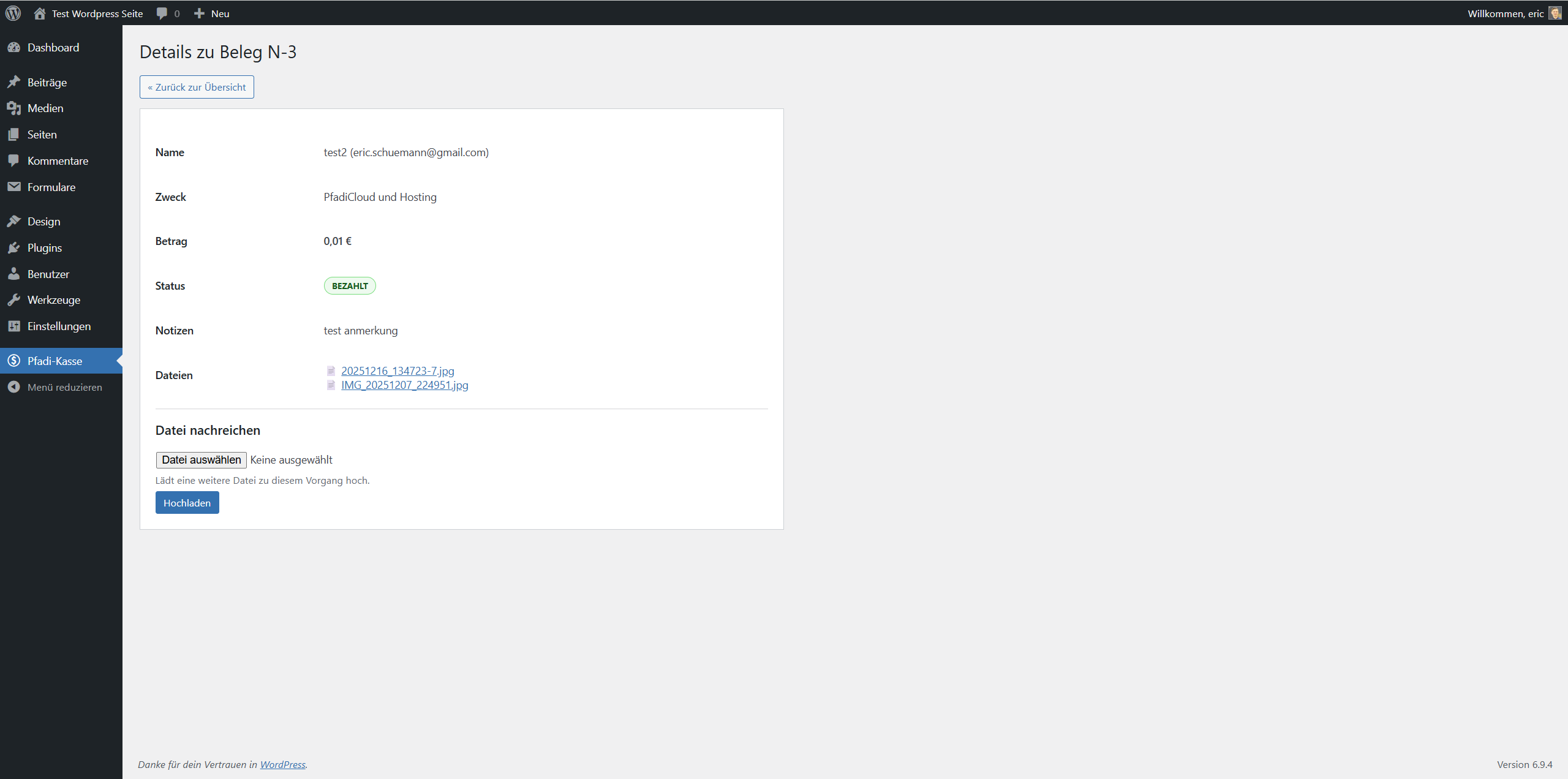 **Detailansicht** – Vollständige Antragsdetails inkl. hochgeladener Belegdateien und nachträglichem Upload.