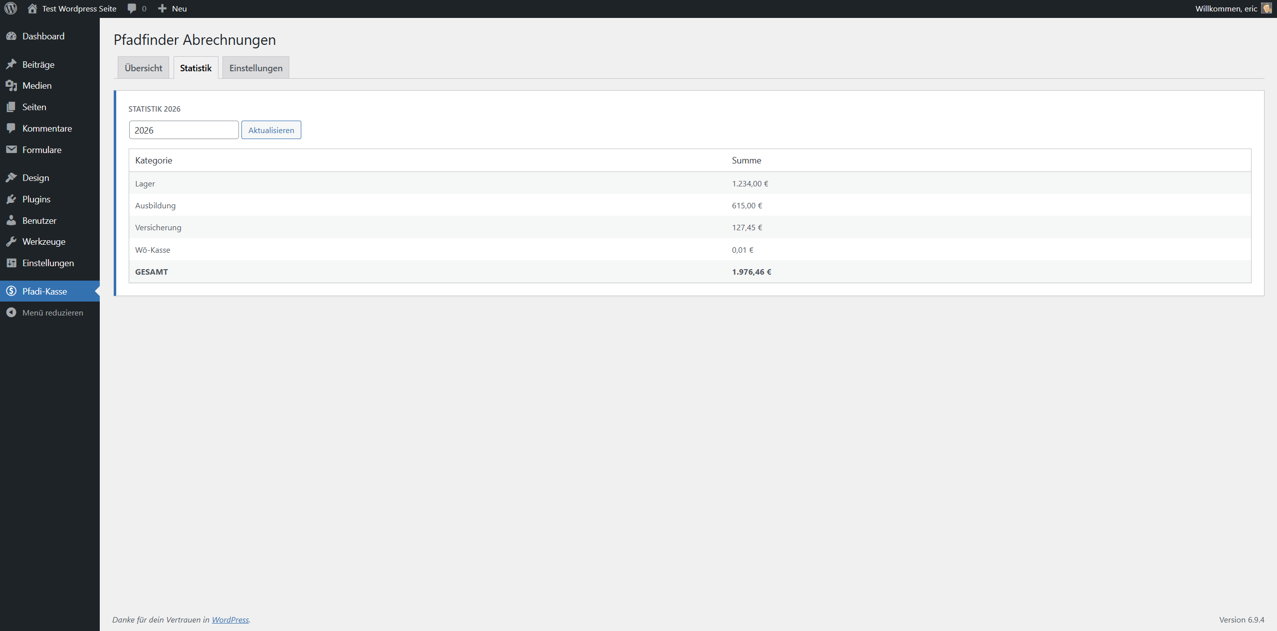 **Statistik-Tab** – Ausgaben nach Kategorie aufgeschlüsselt, gefiltert nach Jahr.