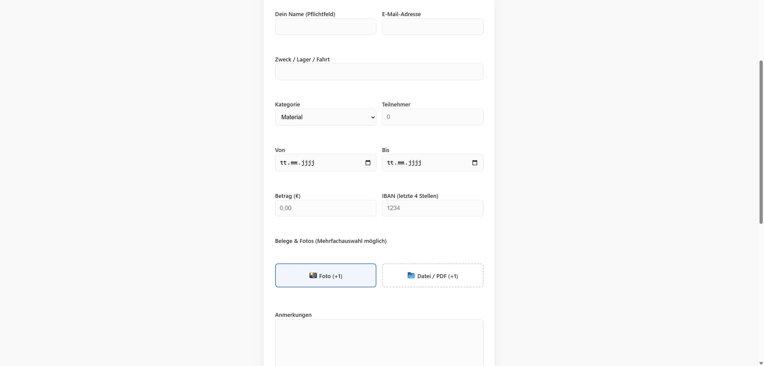 **Frontend-Formular** – Mobiloptimierter Upload-Bereich mit Kamera- und Datei-Button.