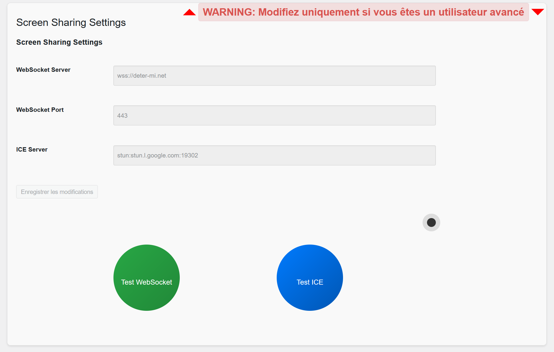 Page de configuration pour les serveurs: [voir l'image](https://deter-mi.net/wp-content/uploads/2024/09/screensharingsystem-reglages.png)