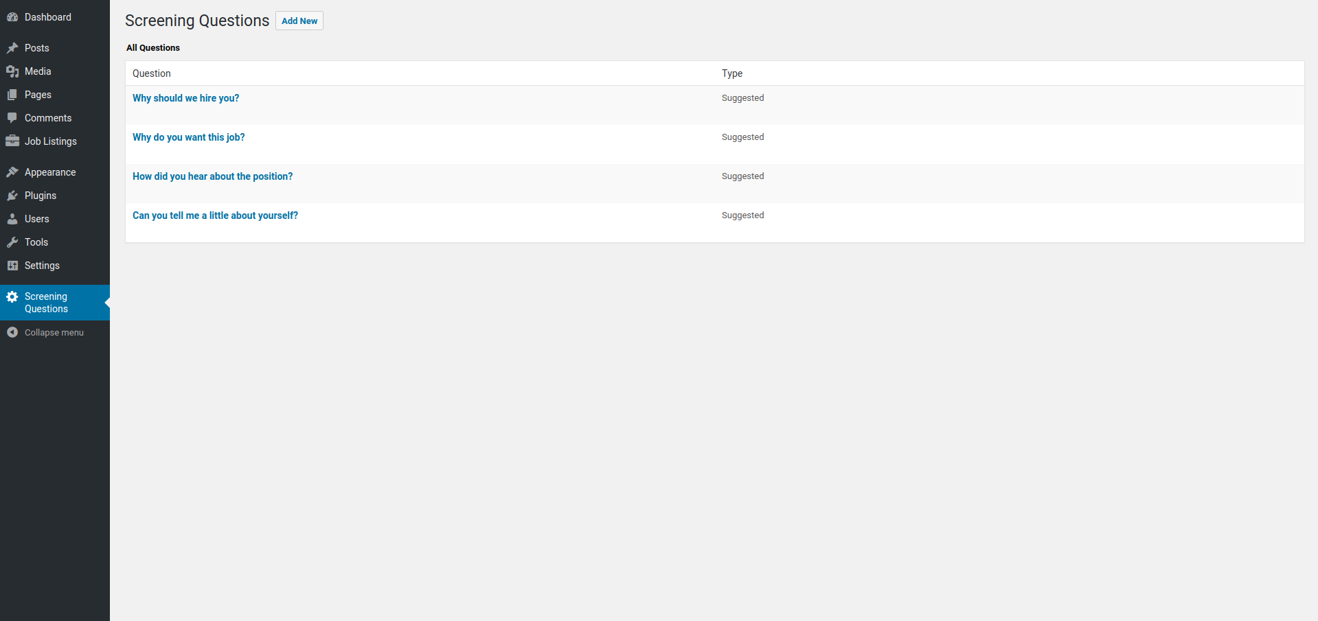 List of Screening Questions in admin area
