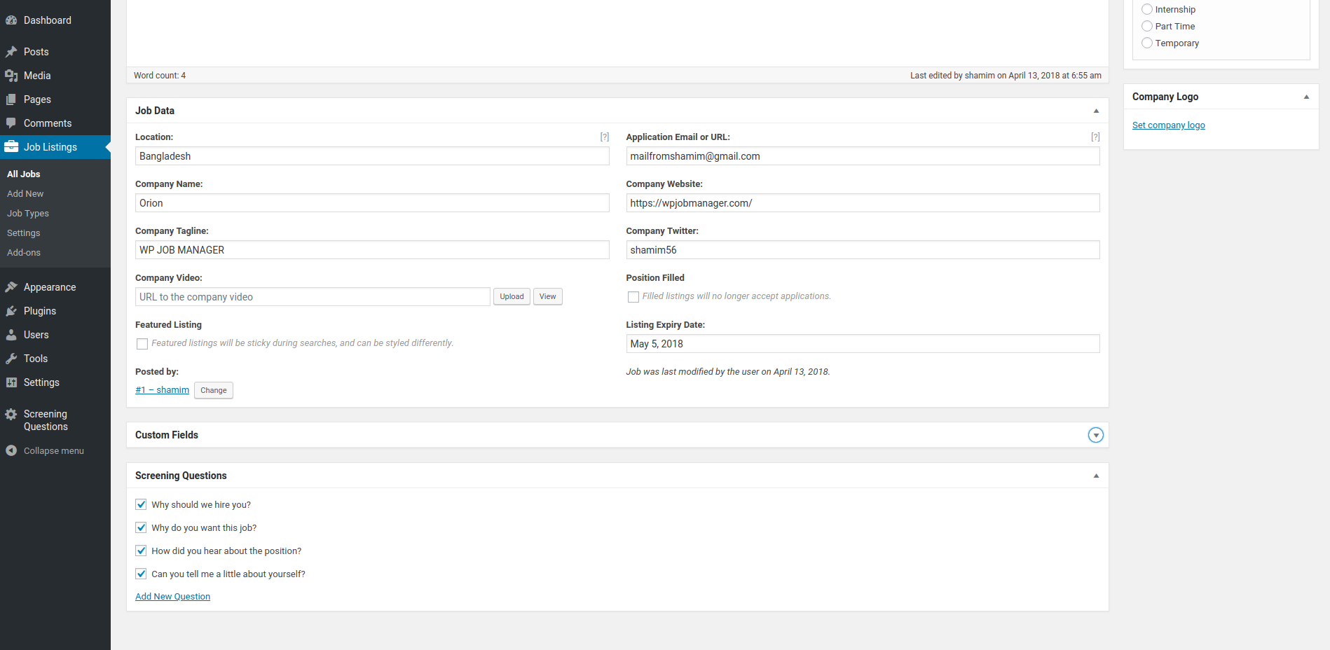 Screening Questions for a job in the backend