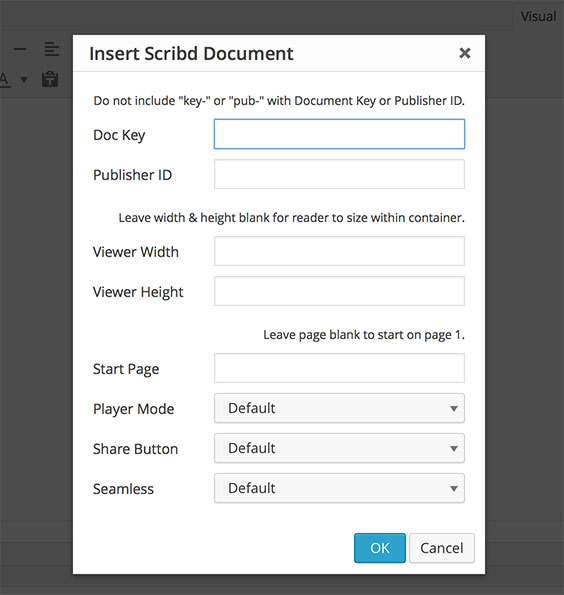 Shortcode editor to embed a document that has been uploaded to Scribd. Configures [scribd-doc] shortcode.