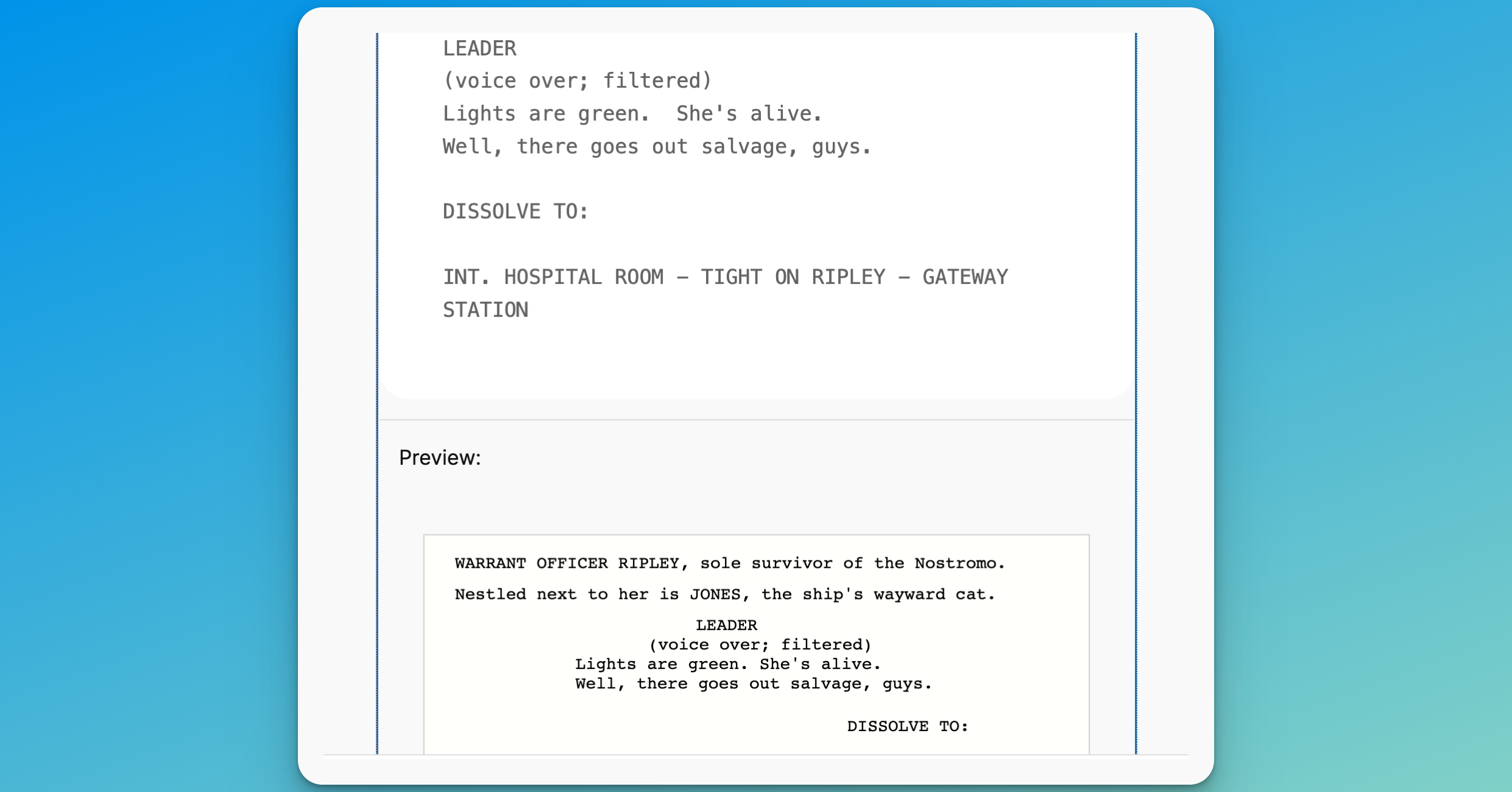 Writing screenplay text in Fountain syntax, with preview rendered.