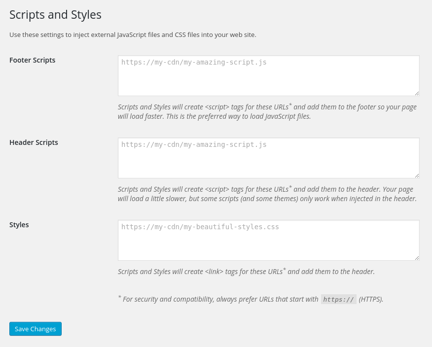 The Scripts and Styles Admin Settings make it easy to inject JavaScript and CSS files by URL.