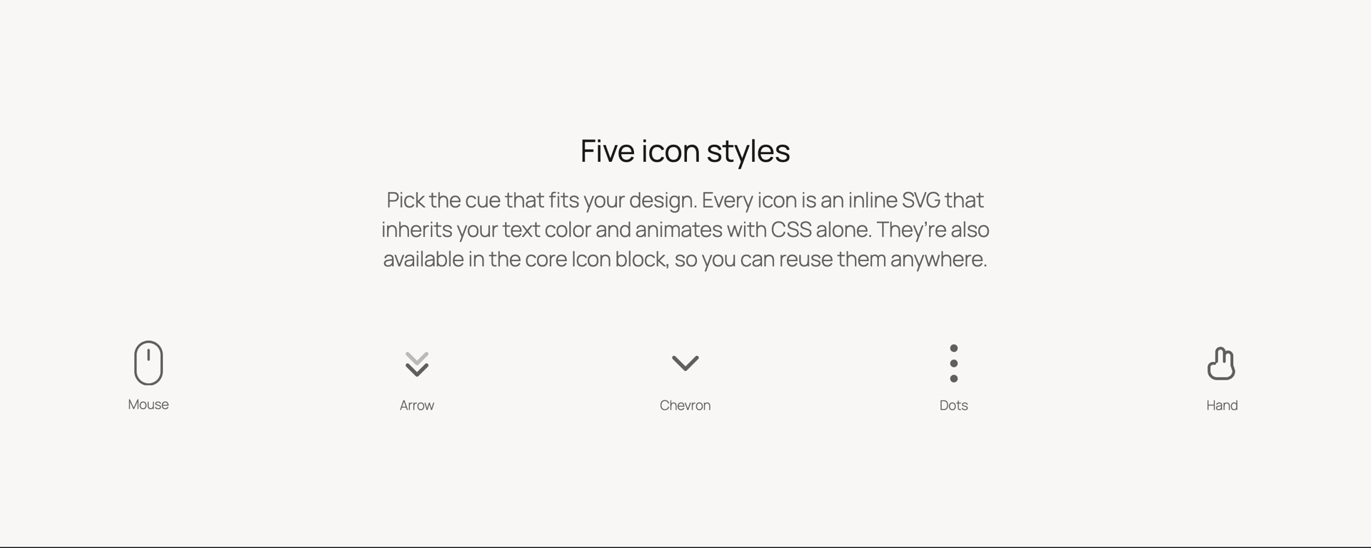 Five icon styles: mouse, arrow, chevron, dots, and hand.
