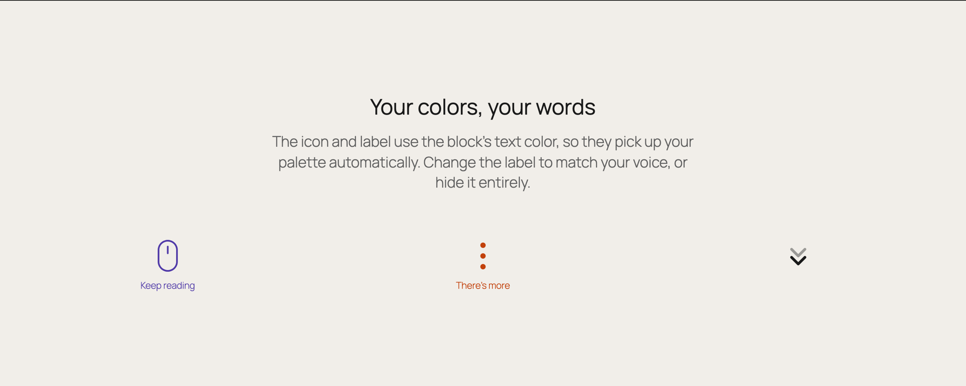 Icons and labels follow the block's text color and support custom text.